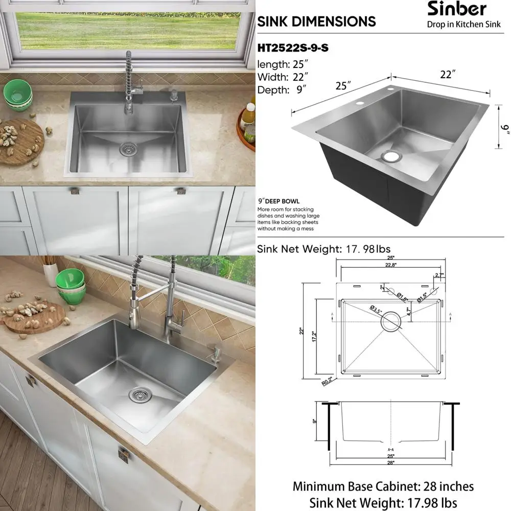 

Stainless Steel Single Bowl Kitchen Sink 25x22x9, 18 Gauge, Satin Finish, Drop-In Style, High Quality Stainless Steel Sink