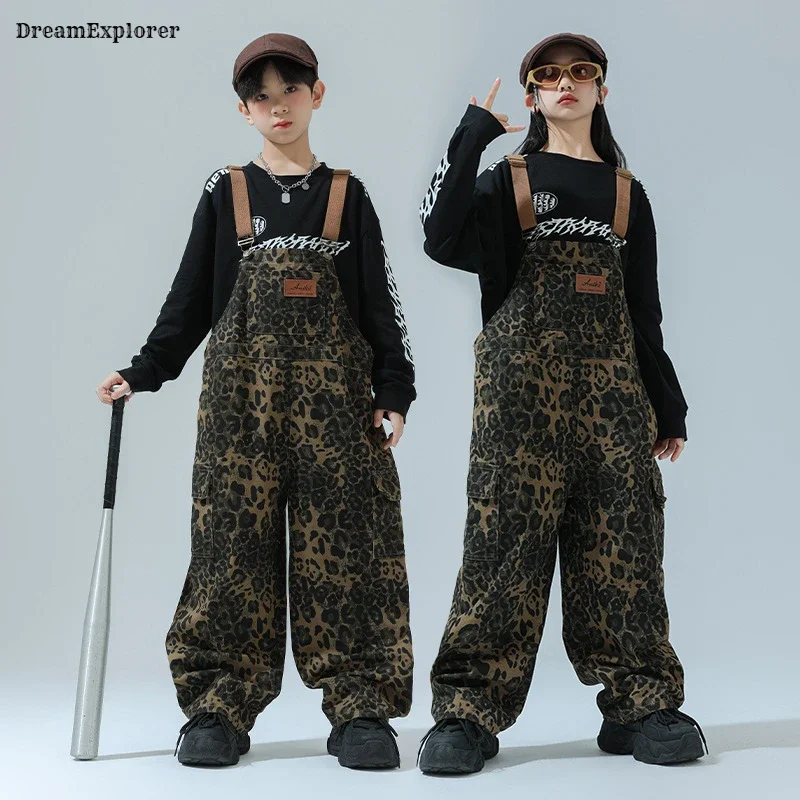 Girls Hip Hop Leopard Print Overalls Boys Baggy Pants Dungaree Trousers Kids Jumpsuit Street Dance Wear Romper Child Streetwear