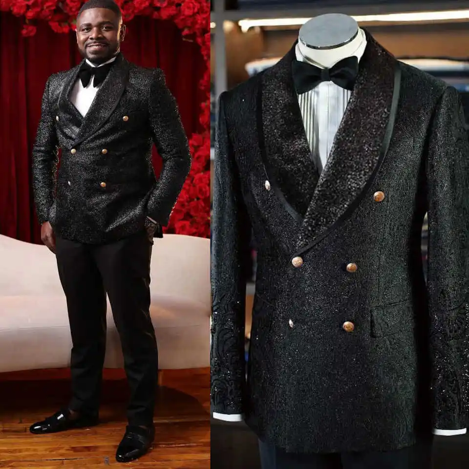 

Shining Sequins Wedding Tuxedos 2 Piece Set Jacket Pants Shawl Lapel Men Suit Fashion Groom Wear Party Evening Suits Customized