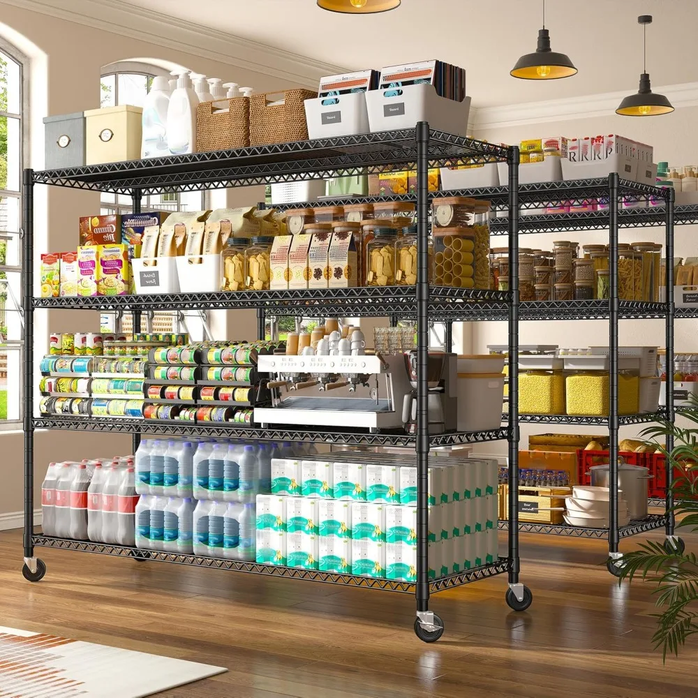Unit Rak 60''W dengan Roda, Rak Penyimpanan 4 Tingkat yang Dapat Disesuaikan Rak Logam Komersial 2500LBS untuk Ruang Besar, 2 Buah, Rak