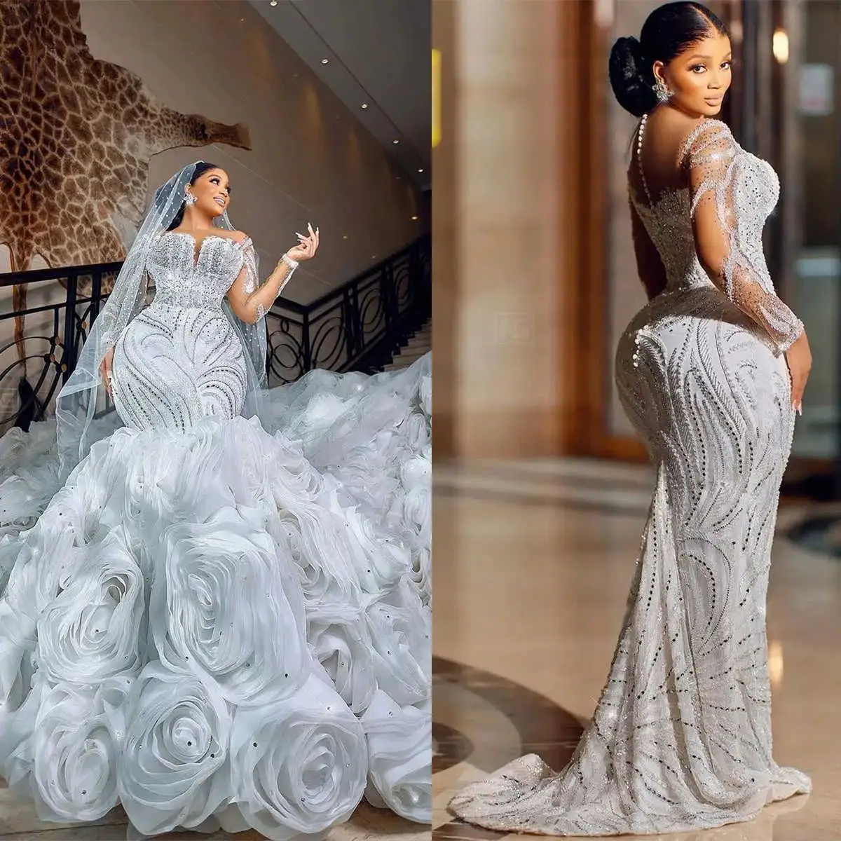 

Customized Ruffles Wedding Dress Illusion Long Sleeve Mermaid Bridal Gowns Sequins Beads Wedding Gowns For African Women
