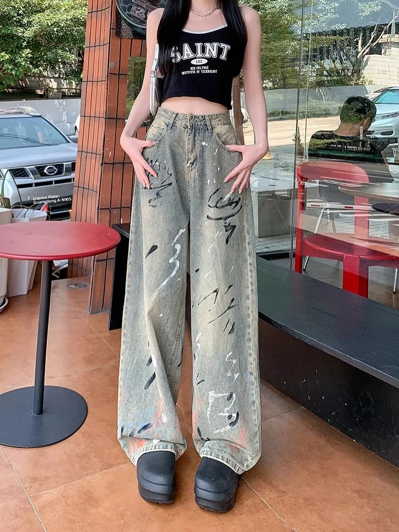 

American Design Large Size Wide Leg Denim Jeans Women's Spring Autumn Vintage Faded Straight Floor-Length Pants