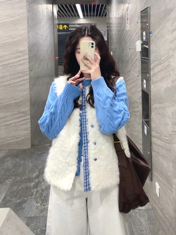 Koreańska kamizelka z miękkiego pluszu w patchworkowy wzór, damska, jesienno-zimowa, delikatna, odmładzająca, do noszenia warstwowo, długa, sweter...