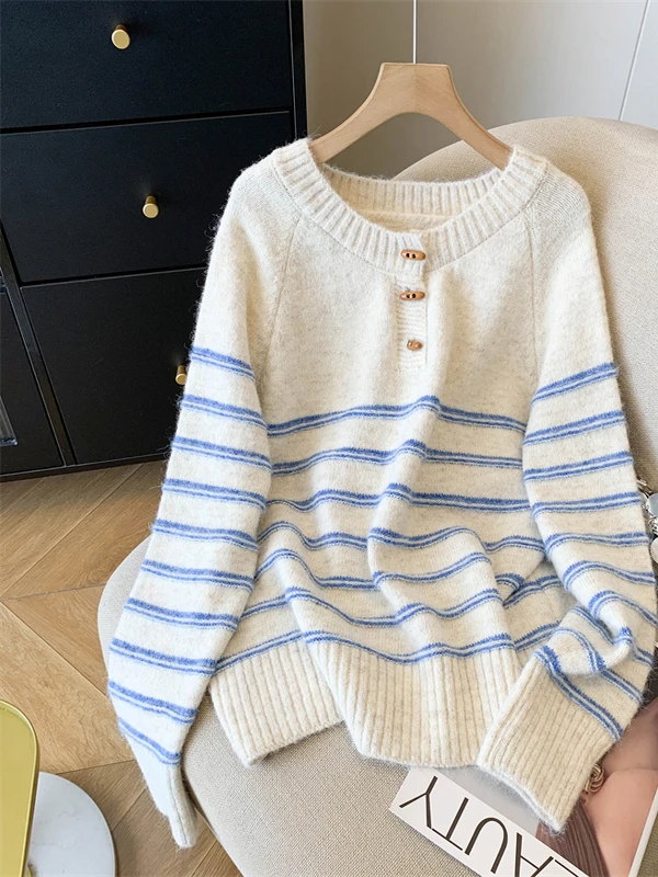Retro Japanse Sle Lazy Stripe Kleur Blo ronde Ne Gebreide Trui Dames plus Maat f Open Kraag Comfortabel Adem...