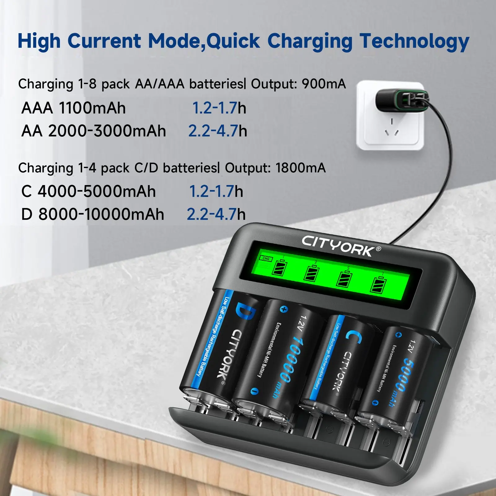 CITYORK 1,2 V LR20 D tamaño NI-MH batería 10000mAh recargable LR14 R14 5000mAh NIMH tipo C batería con cargador LCD para estufa de Gas