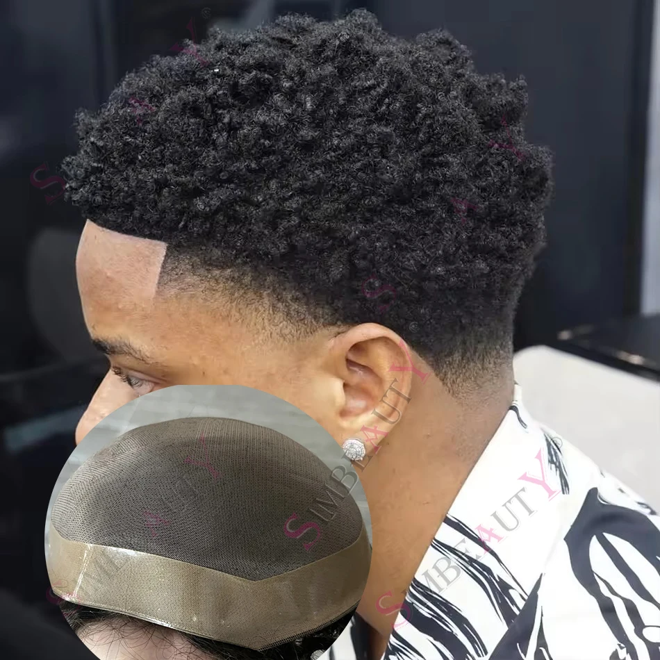 

6mm Afro kinky Curly Man Brown Blonde Black Super Durable 100% Human Hair Wigs Bald Weave Men Toupee Fine Mono NPU Base Prosthes