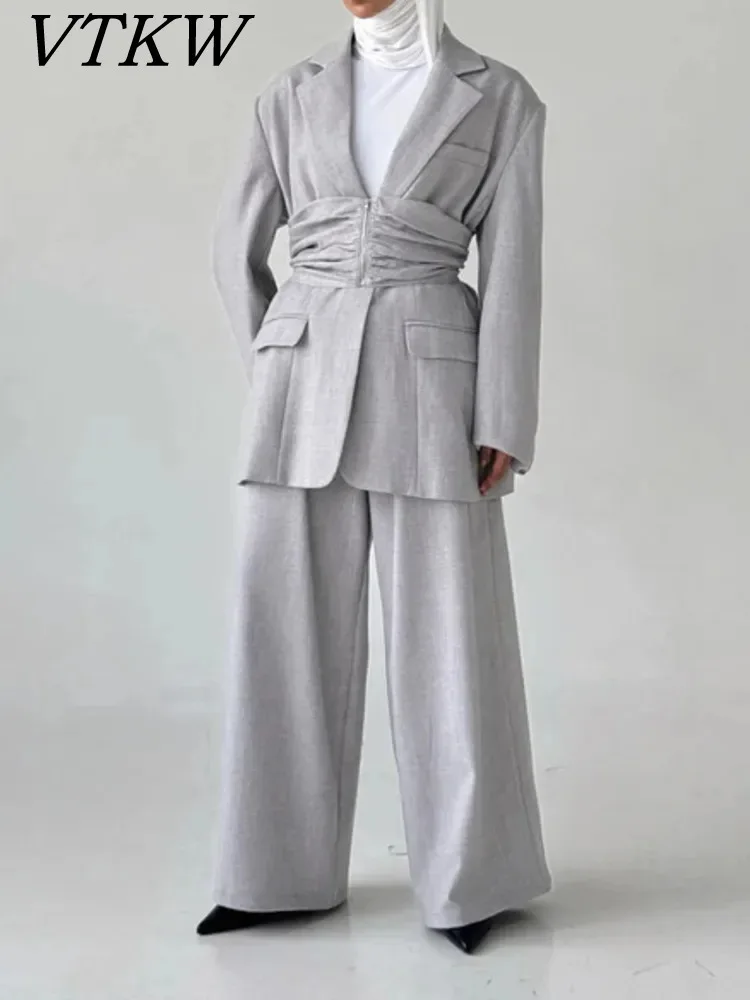 

VTKW Lapel 2 Piece Jacket Pants Set High-quality Solid-color Spring New Style Versatile Fitted Loose-fitting Suit Jacket