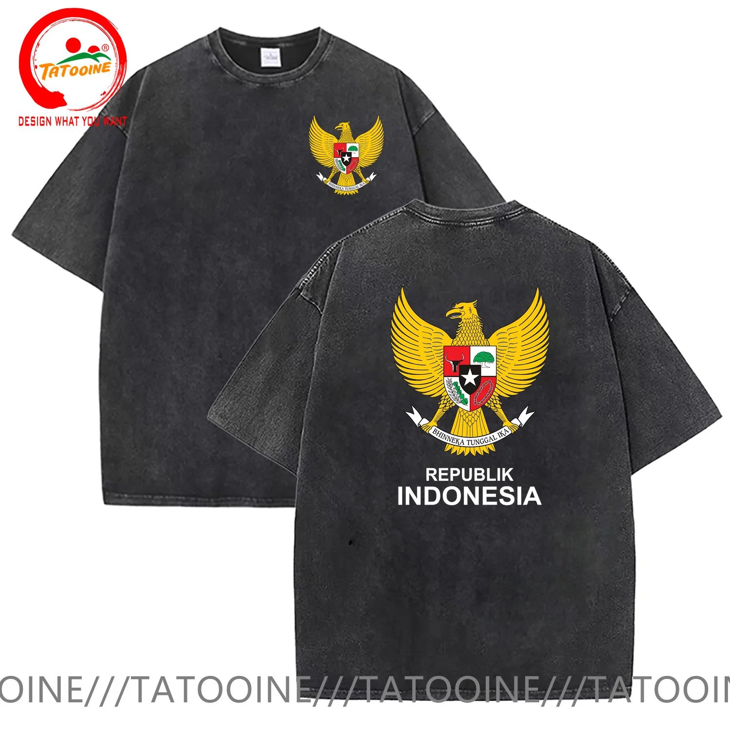 Vintage Washed Cotton T-Shirt Funny Designer Indonesia Coat Of Arms T Shirt Men Fashion Trendy Casual Clothing Stylish Tee Shirt