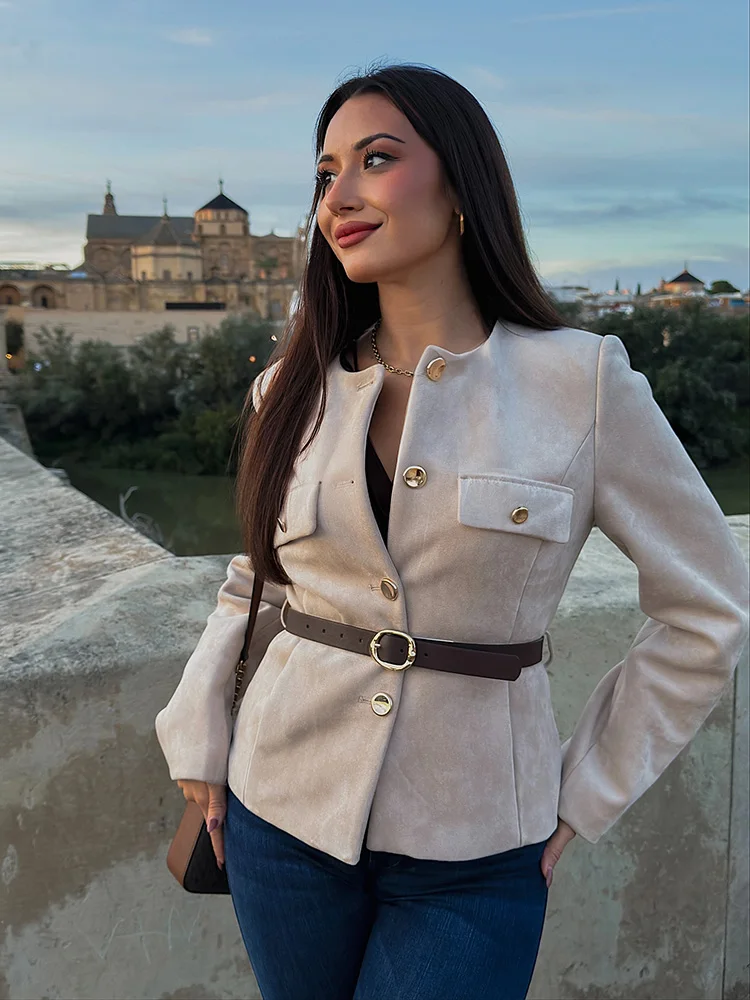 

HH женское модное короткое пальто с круглым вырезом и длинными рукавами, женское осеннее однобортное пальто с искусственным карманом и украшением, однотонная уличная куртка