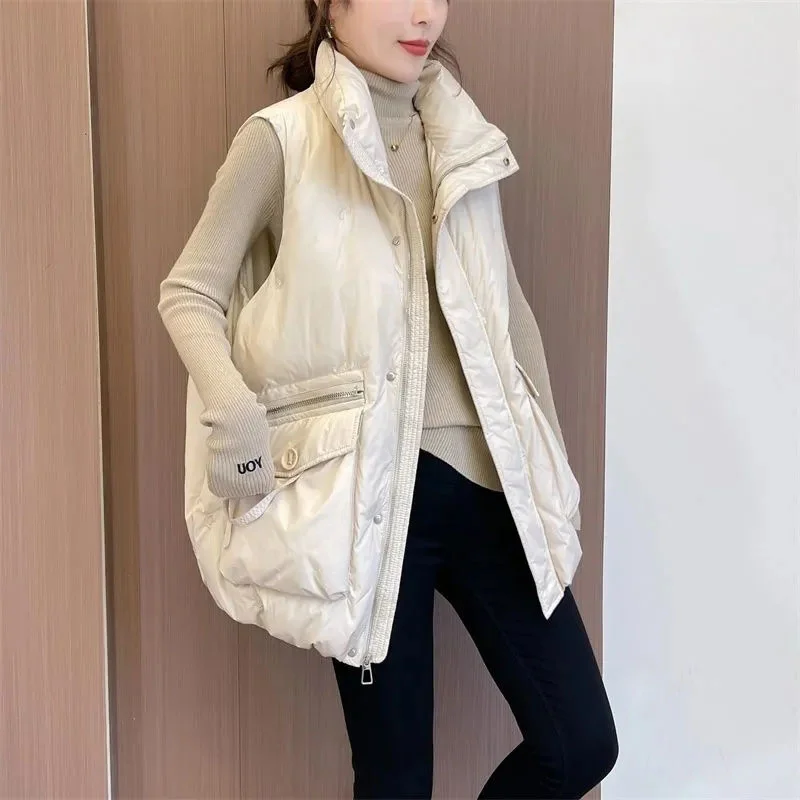 2024 New Down Cotton Vest Women\'s Autumn Winter Fashion Korean Cotton Padded Thick Warm Sleeveless Waistcoat Parkas Femme