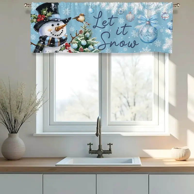 VIKAMA Light Blue Snowman Let It Snow Bird Ornament Ball Christmas Short Window Curtain Cute Pastel Winter Festive Home Decor