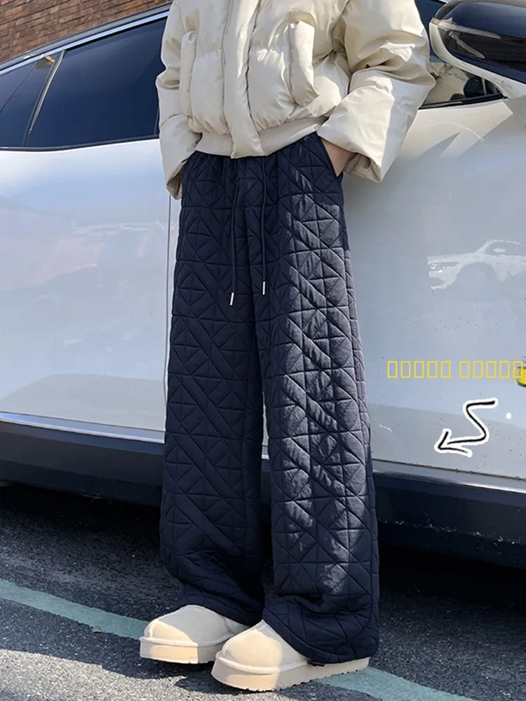White Quilted Cotton Pants Men's Winter Outerwear Thickened Loose Straight Leg Wide Leg Pants Lazy Style Casual Straight Pants view 4