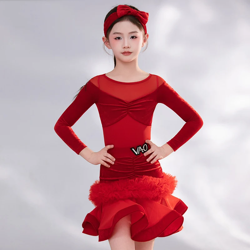 

Одежда для латинских танцев, красное платье с длинными рукавами и оборками для девочек, зимнее платье для соревнований по танцам ча-ча-румба, тренировочная одежда BL18149
