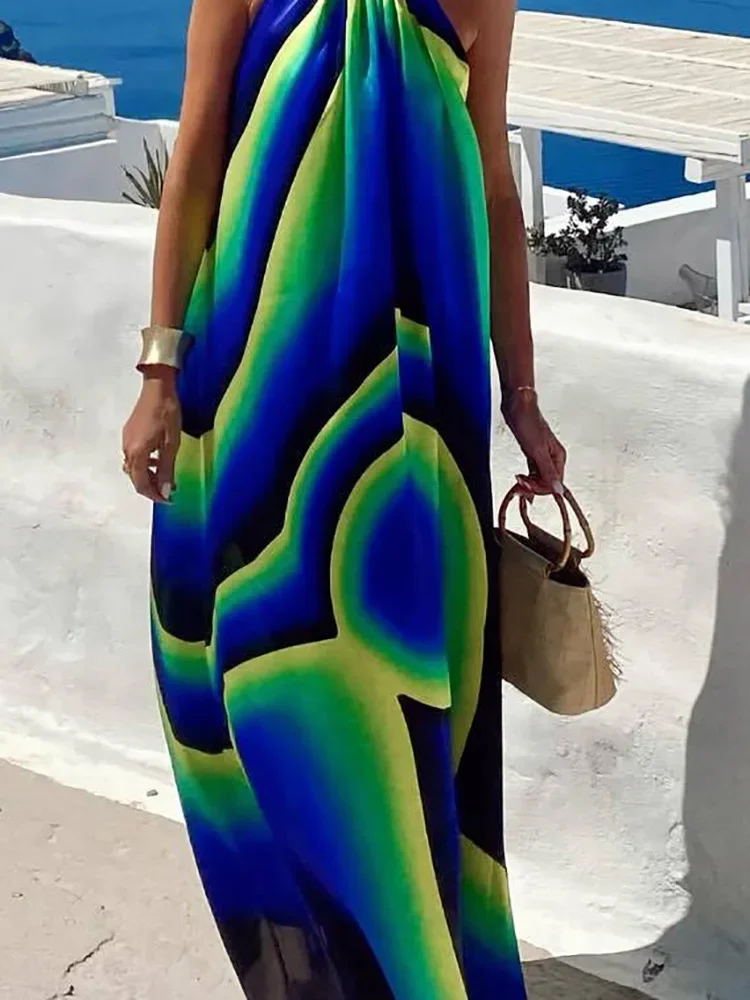 

Women's O-neck Gradient Printed Long Dress New Summer Hollow Out Sleeveless Pleated Beach Dress Vacation Loose Casual Maxi Dress