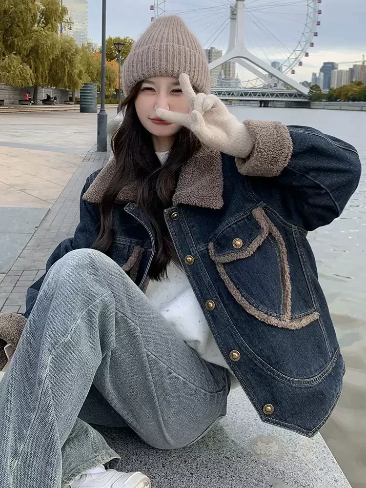 

Denim Coats Woman Oversize Fur Plush Womens Winter Loose Fit Gothic Punk Nightclub Gathering Anti-Wrinkle Buttoned Hooded Fluffy