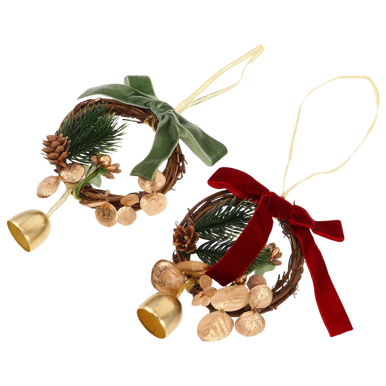 

2Pcs Christmas Metal Bells Ornament Realistic Pinecone Red Bow Hanging Decoration Door Knob Cabinet Holiday Garland Winter Decor