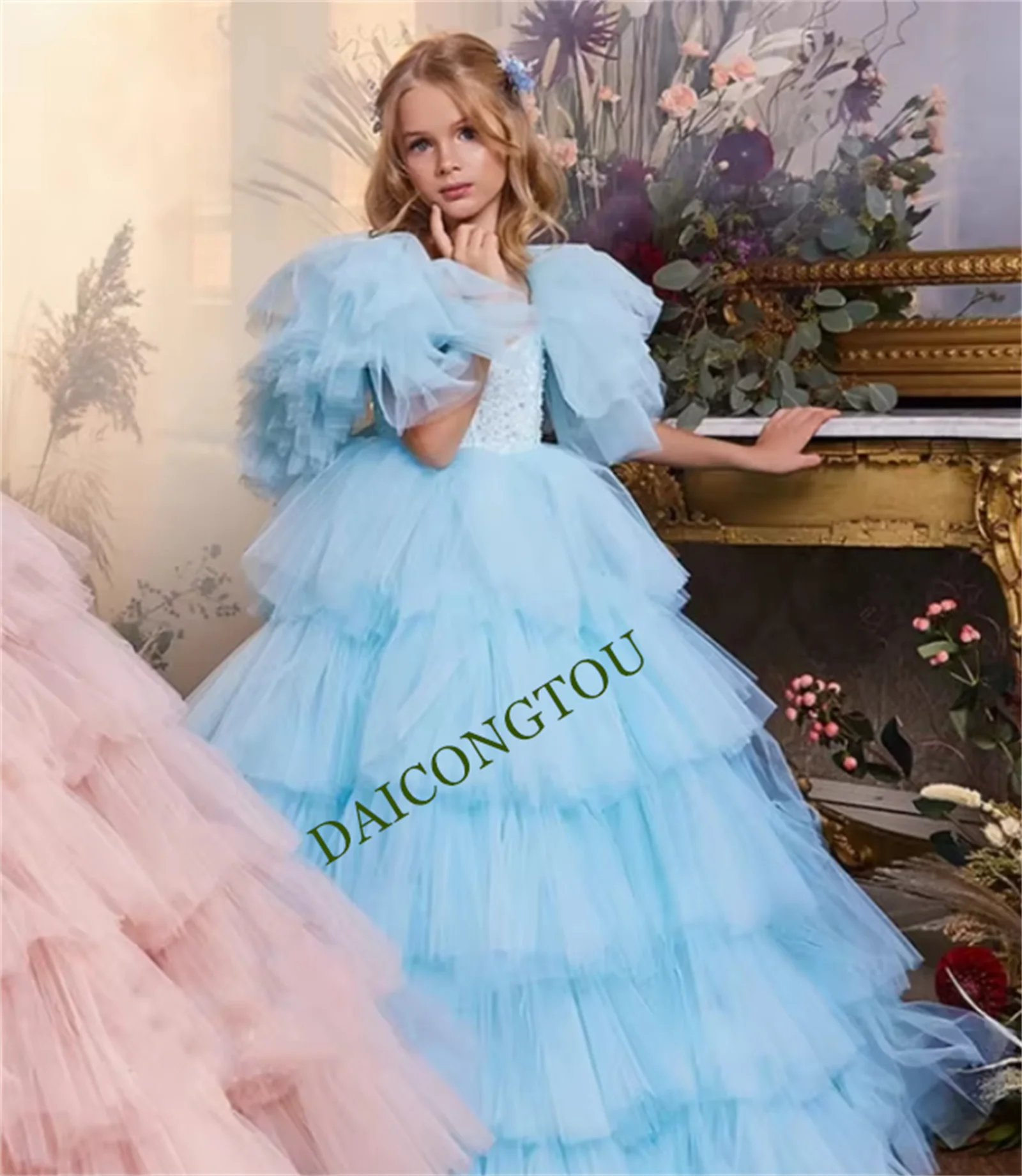 

CustomizedElegant Flower Girl Dress Bespoke Occasion Wedding Dresses Tulle Sleeveless Fluffy Beaded Ruffles Kids Birthday Party