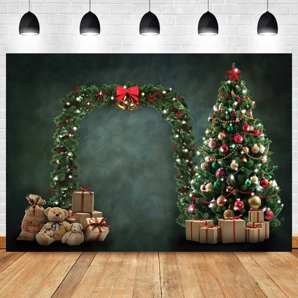 

Winter Christmas Backdrop for Photography Xmas Tree Bear Gifts Green Wall Baby Family Portrait Photography Background Photocall