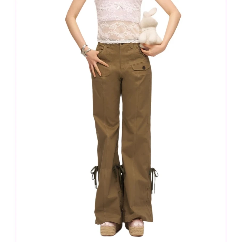 Spring Summer Ladies Retro Drawstring Flared Trousers Women's Overalls Versatile Thin Cool Casual Loose Wide-leg Pants Grils
