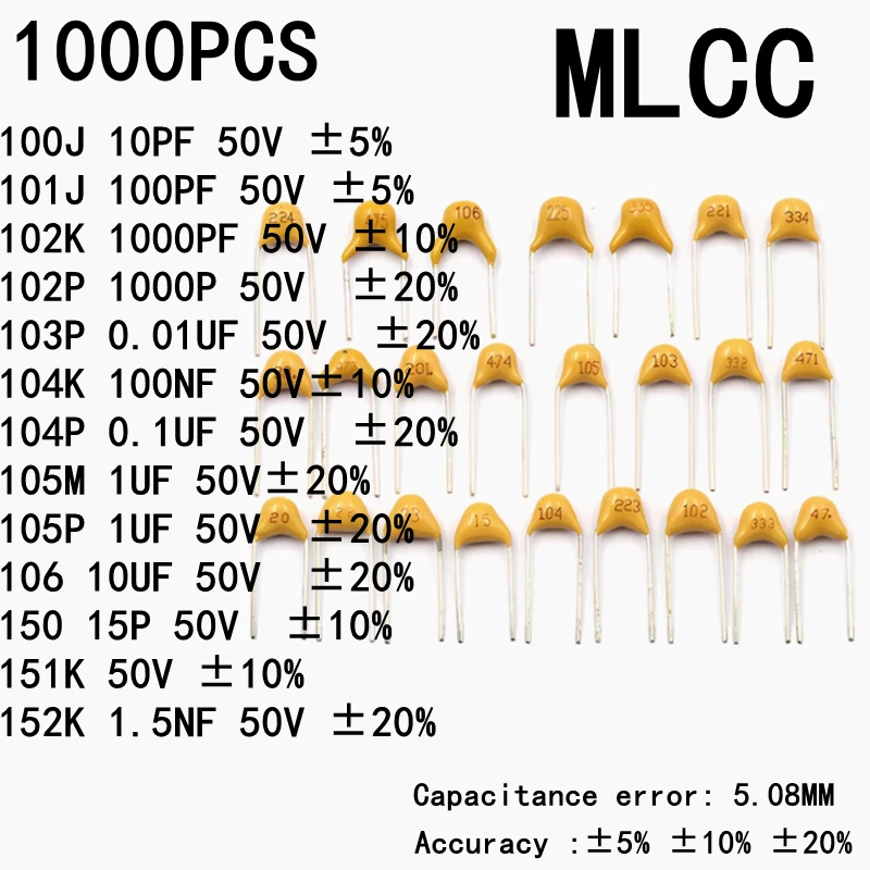 

1000PCS Monolithic Ceramic Capacitor 5% 10% 20% MLCC 50V 100J 10PF 101J 100PF 102K 1000PF 102P 1000P 103P 0.01UF 104K 100NF