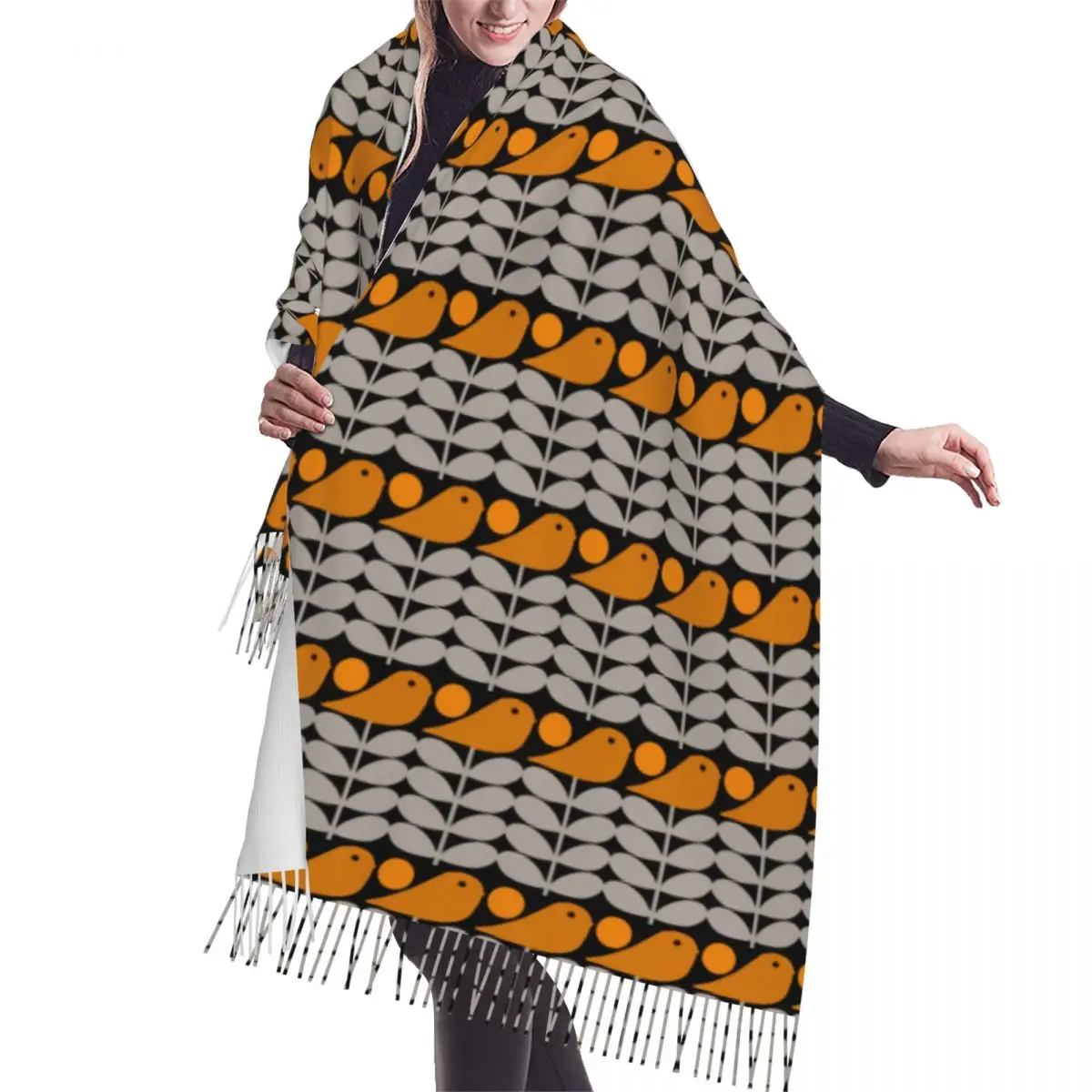 

Custom Orla Kiely Birds Tassel Scarf Women Soft Shawl Wrap Ladies Winter Fall Fashion Versatile Female Scarves