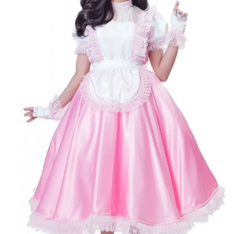 

Giant Baby Adult Sexy Girl Pink Long Satin Dress White Apron Girly Role-playing Girl Makeup Ball Maid Custom Color