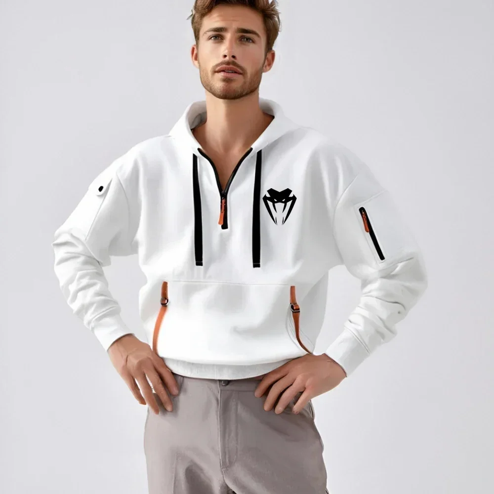 Men's sweatshirt Spring and autumn casual high-quality multi-zipper arm pocket hooded sweatshirt, large loose puller