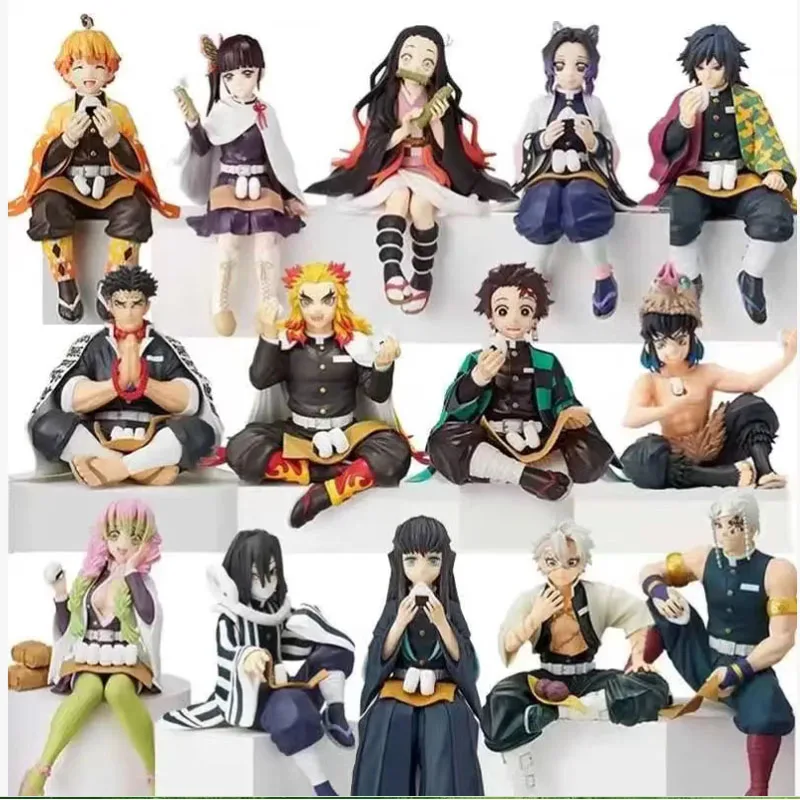 Anime Demon Slayer sentarse comiendo figura de arroz de alta calidad todos los estilos Tanjirou Nezuko Kyoujurou Tengen Tokitou Muichirou estatuilla
