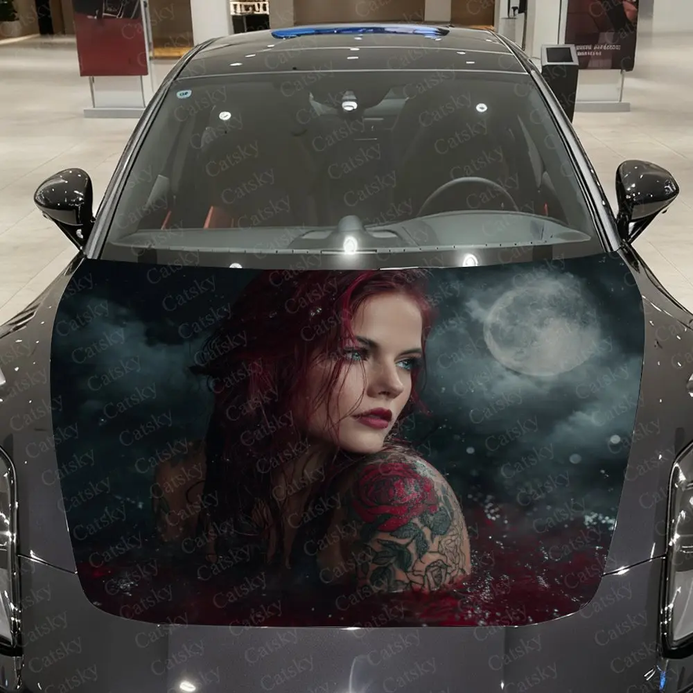 Diseño de niña tatuada de pelo rojo para coches, pegatina impermeable para capó de PVC, autoadhesiva y resistente a los arañazos para cubiertas de motor