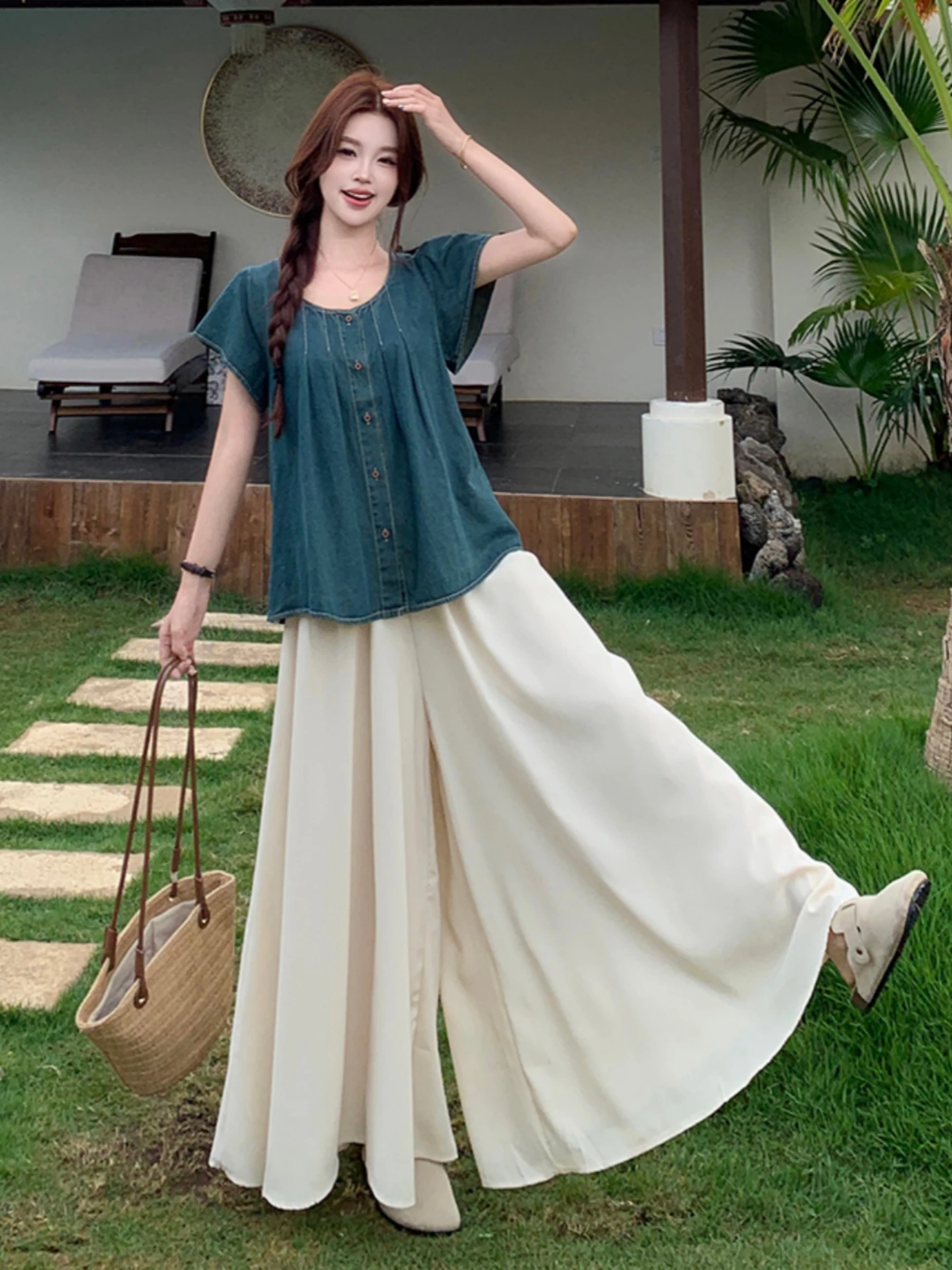 

Summer Denim Wide Leg Pants Set Women's plus Size Fashionable Ageless Two Piece Suit Casual Comfortable Breathable Cotton Blend