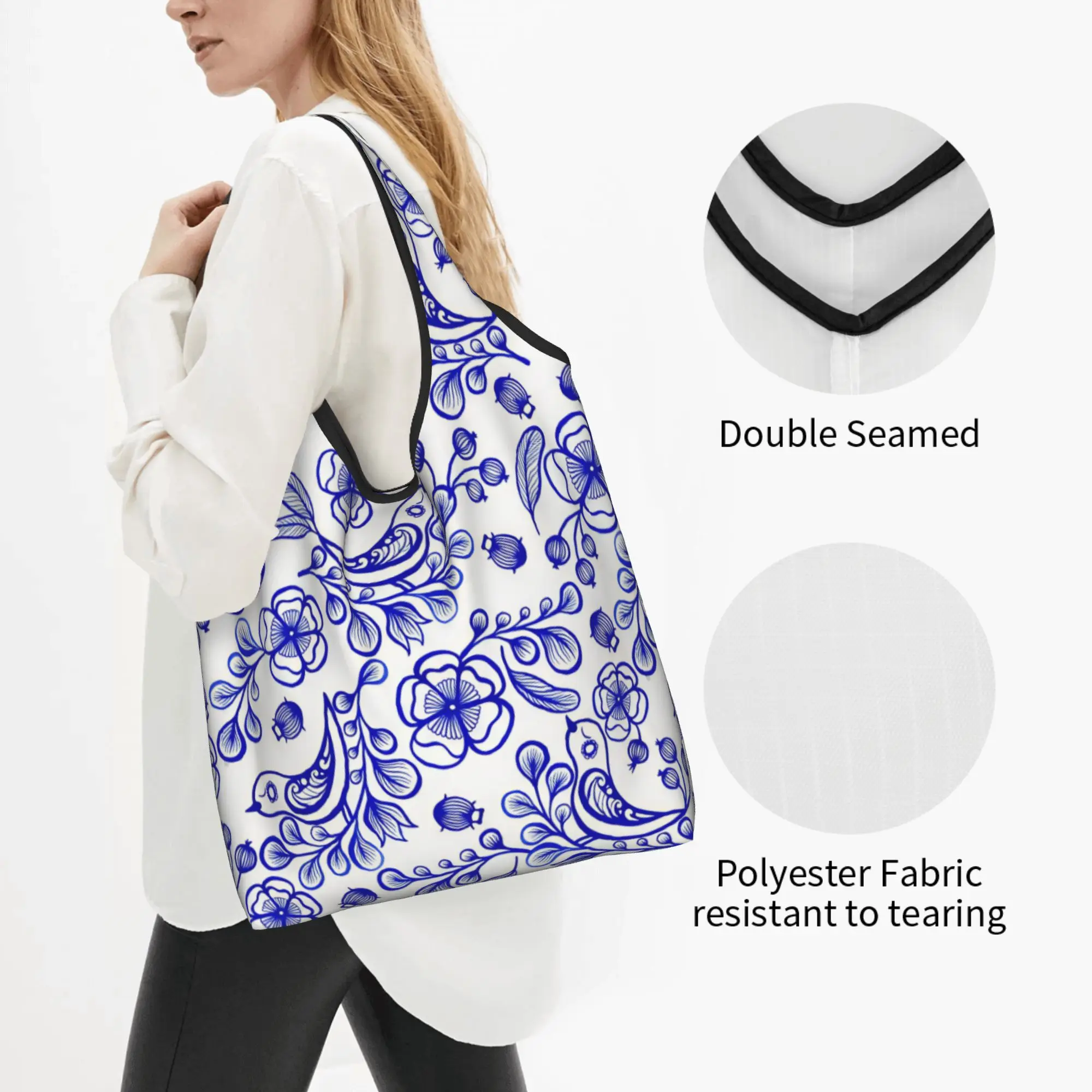 Custom High Watercolor Birds And Plant Flowers Shopping Bags Women Portable Large Capacity Groceries  Tote Shopper Bags
