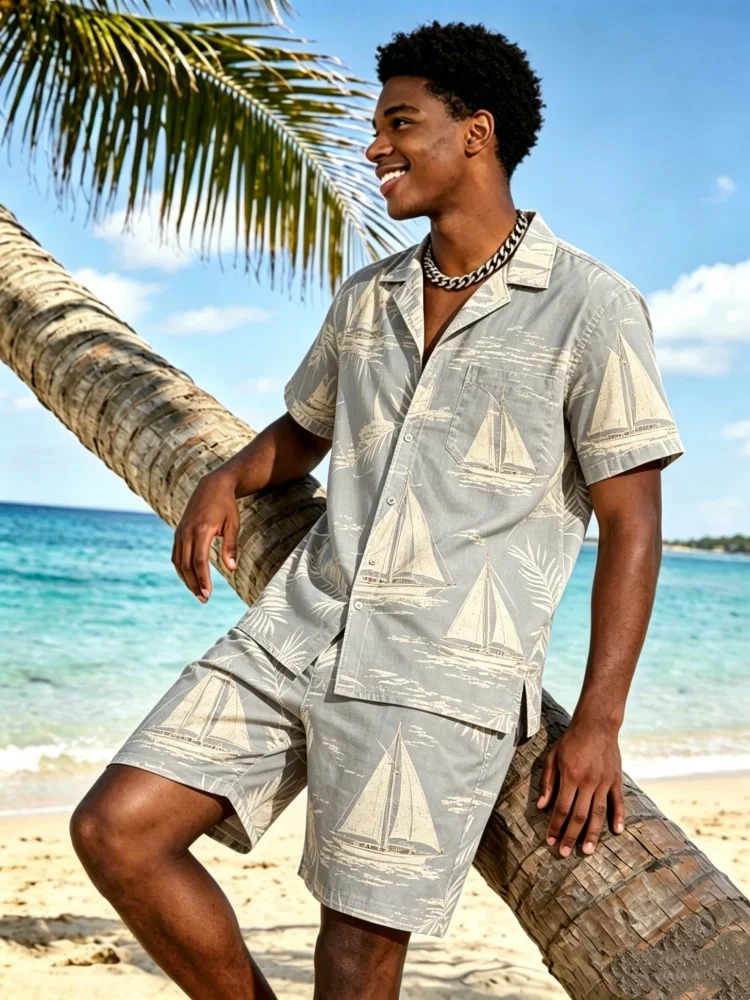 

Men's Short Sleeve Lapel Shirt & Shorts Set, Loose Comfort Sailboat Print Casual Summer Outfit