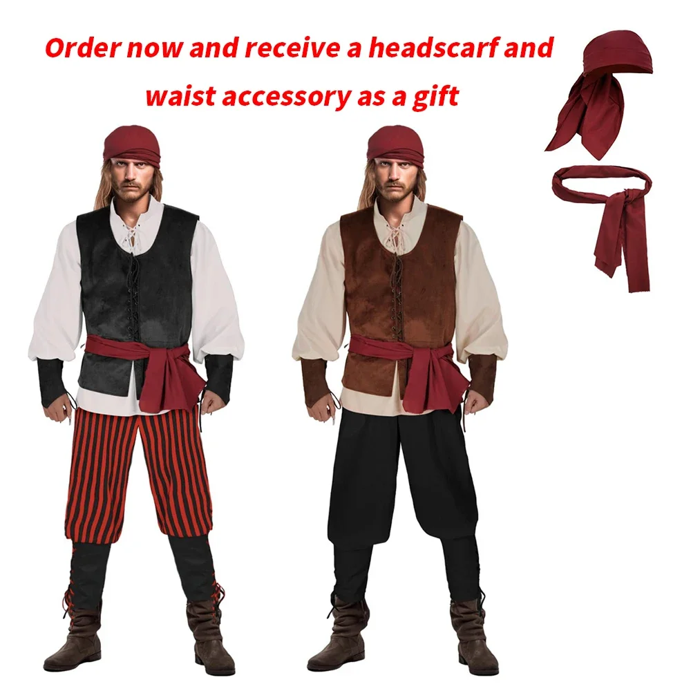 

5Pcs Halloween Men's Renaissance Costume Set Medieval Pirate Knight Shirt Ankle Banded Pants Viking Belt Accessories