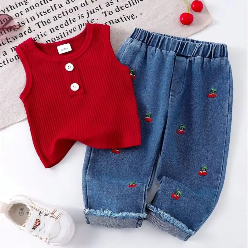 2Pcs Toddler Baby Girl Summer Clothes Set Sleeveless Ribbed Tank Top Cherry Embroidered Jeans Infant Casual Outfit