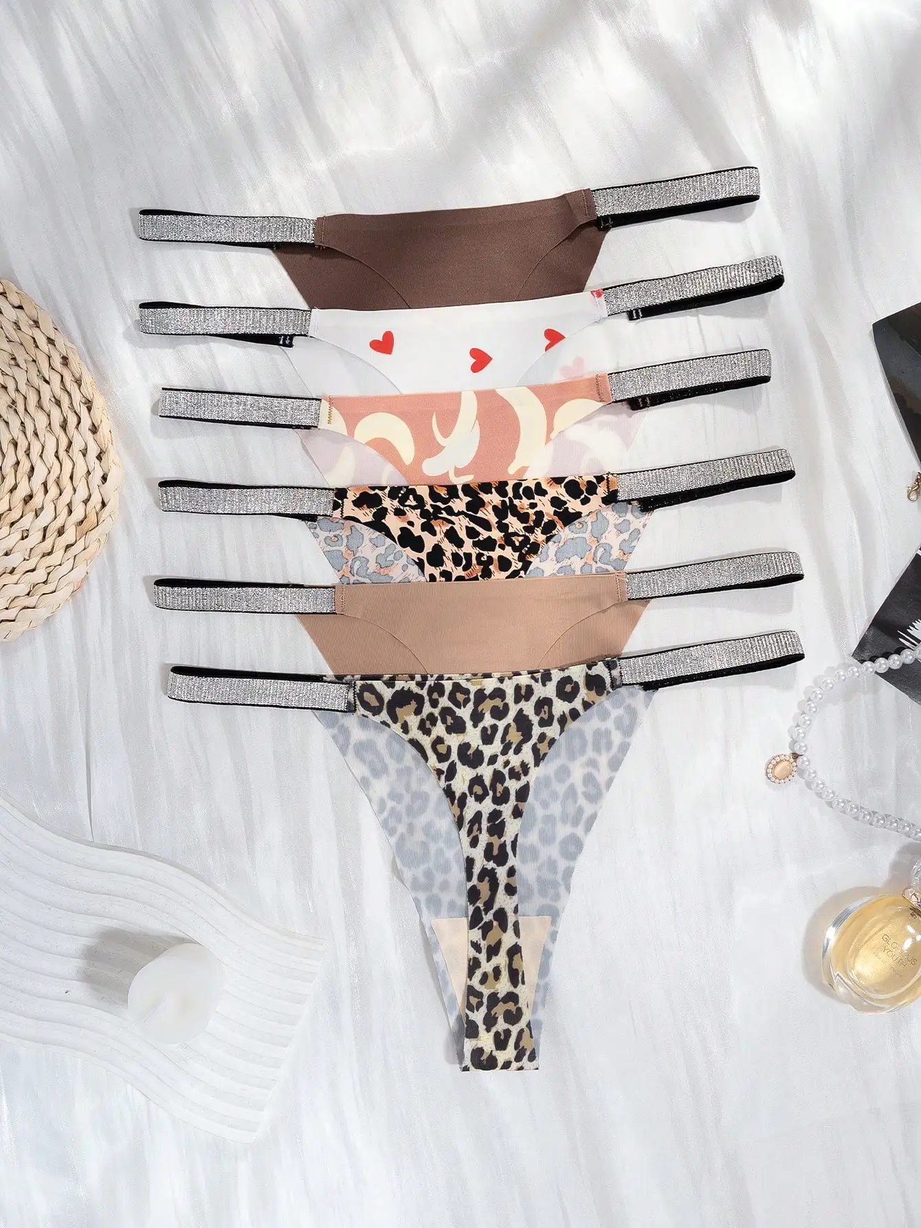 6 Pcs Silver Glitter Thin Strap Printed Seamless Ice Silk Thong Panties For Women Low Waist Multi Pattern Leopard Heart Banana T