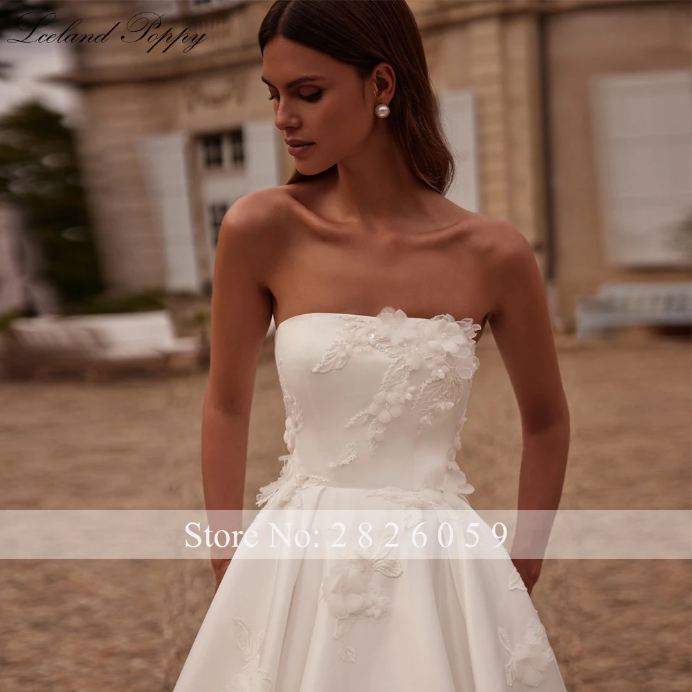 Lceland Poppy Customized A Line Strapless Satin Wedding Dresses 2024 Sleeveless Beaded Bridal Gowns with Pockets