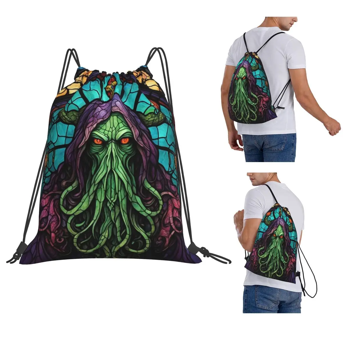 Cthulhu Stained Glass Tentacles Backpacks Casual Drawstring Bags Storage Bag Book Bags for Man Woman School