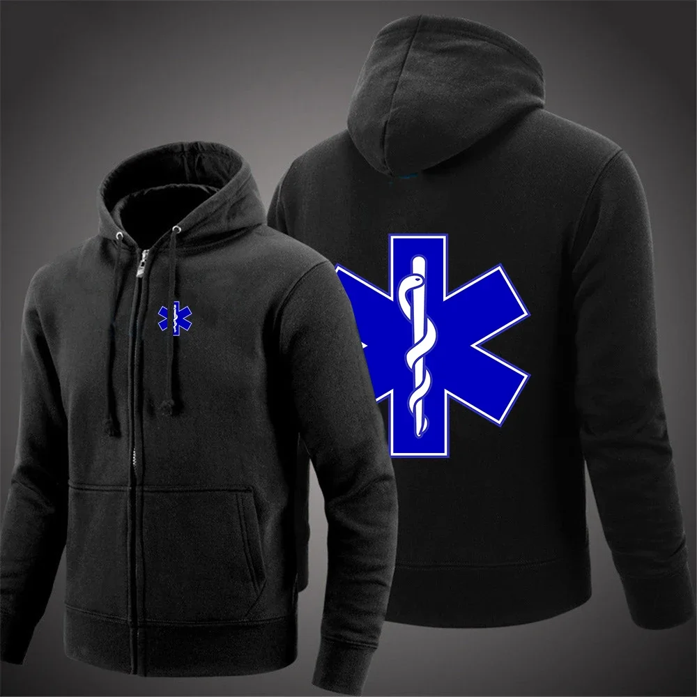 

2024 Spring Autumn Men EMT Paramedic Emergency Medical Solid Color Zipper Pullover Hoodie Sportswear Long Sleeve Casual Tops