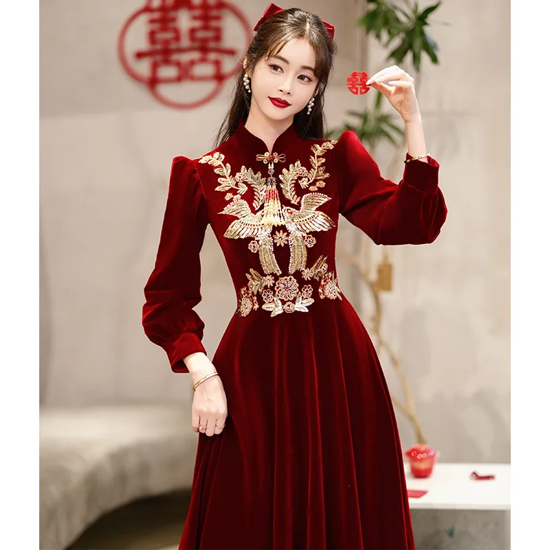 

Exquisite Sequin Phoenix Flower Evening Party Dress Retro Chinese Qipao Bride Wedding Dress Autumn Winter Velour Banquet Dress