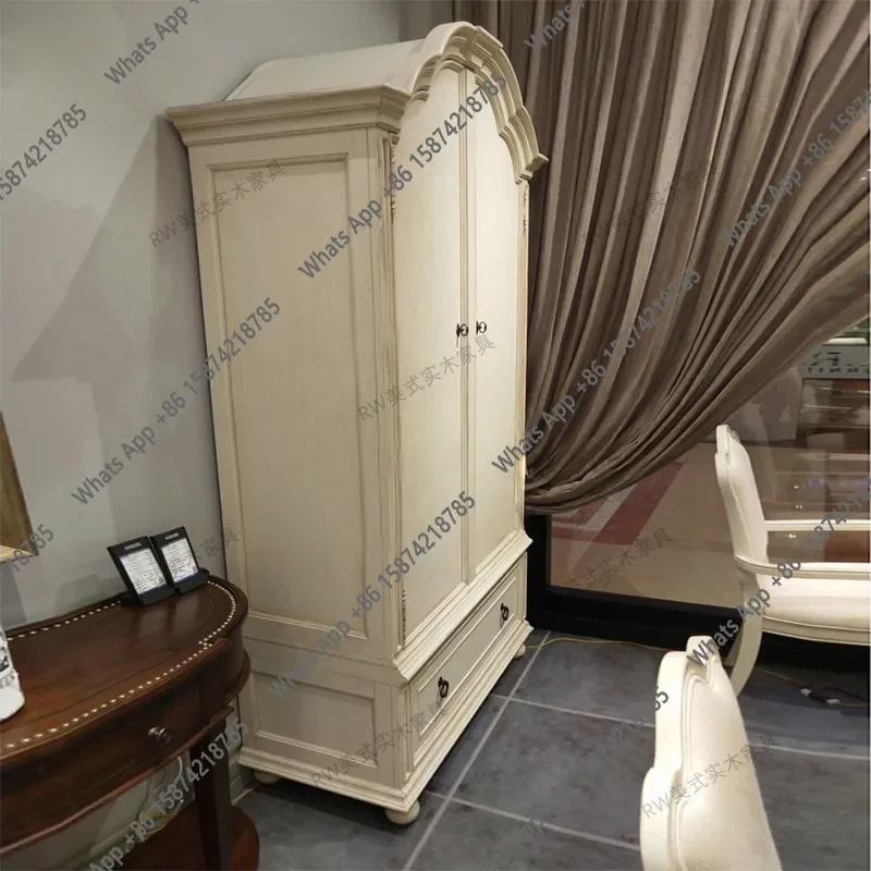 

N64 French solid wood wardrobe double-door wardrobe two-door American country retro white old oak furniture customization