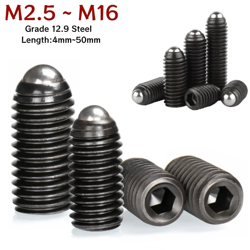 Black Grade 12.9 Hex Socket Allen Spring Ball Plunger Grub Point Set Screw Bolt M2.5 M3 M4 M5 M6 M8 M10 M12 M16 Headless Bolt