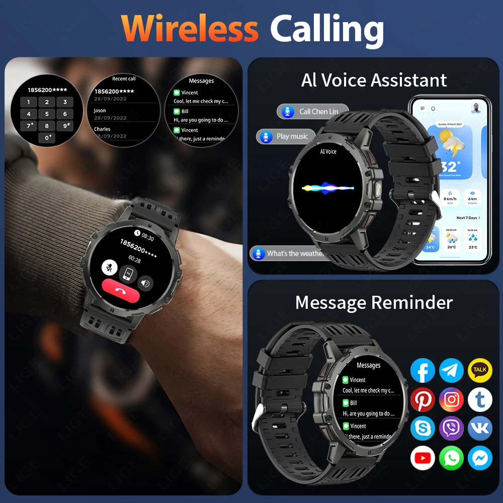 LIGE Smartwatch Męski Tryb Sportowy Ładowanie Magnetyczne Wodoodporność 3ATM 24-godzinny Monitoring Męski Smartwatch Bardzo Długi Czas Pracy Baterii