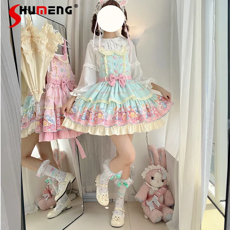 

Оригинальные японские милые платья в стиле Лолита с мультяшным принтом для женщин, комплект из двух предметов: рубашка с длинным рукавом и платье на бретелях