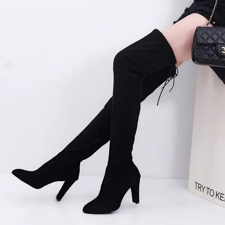 Zimowe buty na kolanach damskie buty na wysokim obcasie rozciągliwe tkaniny buty ze spiczastym noskiem kobieta długie rozmiar butów Plus Size34-43