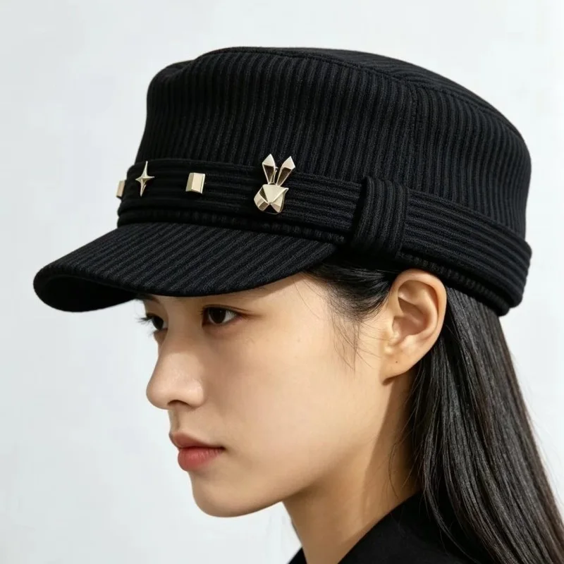 New Style Big Brim Knight Hat for Women with Large Head Circumference Striped Autumn and Winter Equestrian Hat Fashionable Beret