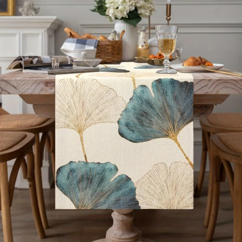 VIKAMA Blue Ginkgo Leaf Botanical Table Runner, Vintage Rectangular Dining Table Cover for Fall Farmhouse Home Kitchen Decor