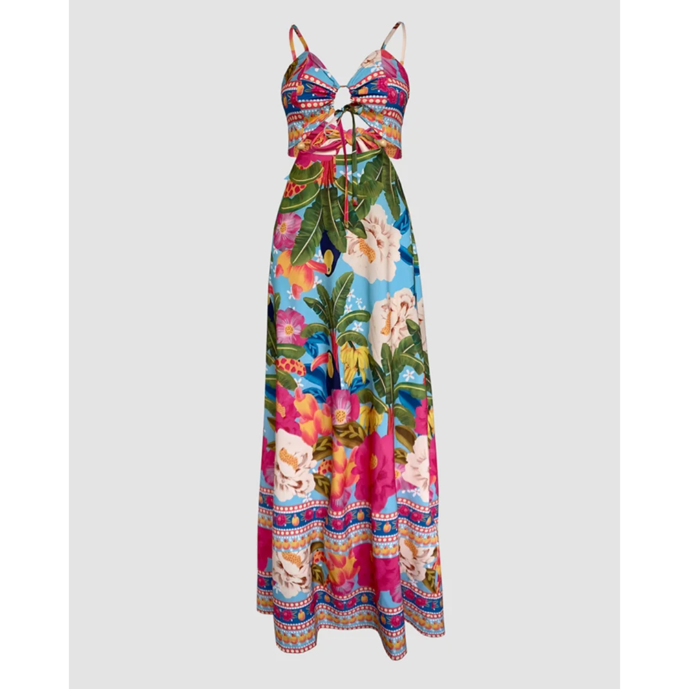 Mujeres ahuecan hacia fuera el halter estampado floral atado en la espalda casual una línea maxi vestido recortado playa vacaciones de verano trajes de moda