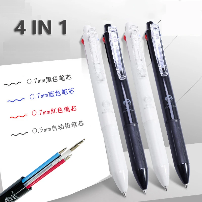 4 In 1 Multi Colored Ballpoint Pen 3 Colors Ballpoint Refills with Pencils Multi-Function Pen Office School Writing Supplies