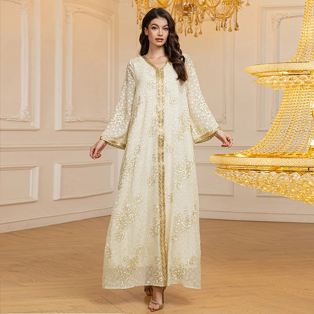 

Xqy500383 Robe 2026 Spring New Jacquard Chiffon Sequin Ribbon Long Dress Robe Abaya Ramadan Dubai Luxury Islam Elegant