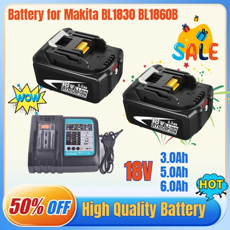 18V 3.0Ah-6.0Ah Battery Rechargeable Lithium Ion Battery Suitable for Makita Power Tool BL1860B BL1860 BL1830 LXT400